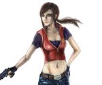  belt beretta_92 blue_eyes breasts brown_hair claire_redfield cleavage denim fingerless_gloves gloves gun handgun hirodi long_hair midriff navel pistol ponytail resident_evil resident_evil_2 resident_evil_code:_veronica sideburns solo weapon 