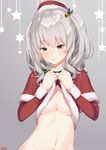  bangs bell breasts capelet christmas cleavage closed_mouth eyebrows eyebrows_visible_through_hair fur_trim grey_background grey_hair groin hair_bell hair_between_eyes hair_ornament hat holly kantai_collection kashima_(kantai_collection) lifted_by_self long_hair long_sleeves medium_breasts navel no_bra red_hat red_shirt ribs santa_costume santa_hat shirt shirt_lift signature smile solo star stomach twintails upper_body you06 