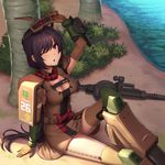  armor athrun1120 belt black_hair breasts cleavage garter_straps gloves gun gundam gundam_msv long_hair looking_up machine_gun mecha_musume medium_breasts one_eye_closed personification red_eyes sitting solo thighhighs very_long_hair weapon zaku zaku_desert_type zaku_ii 