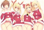  blazblue blonde_hair blush bow breasts brown_eyes brown_hair celica_a_mercury censored covered_nipples daiaru dress dress_lift gloves hair_ribbon lineup long_hair medium_breasts multiple_girls no_panties noel_vermillion one_eye_closed platinum_the_trinity pussy pussy_juice rachel_alucard red_bow red_eyes ribbon santa_costume take_your_pick twintails 