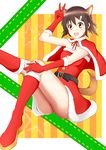  animal_ears belt boots brown_eyes brown_hair capelet christmas dog_ears dog_tail elbow_gloves fur_trim gloves hair_ornament hairpin highres knee_boots miyafuji_yoshika open_mouth red_footwear red_gloves santa_boots santa_costume short_hair solo strike_witches sukeberosu tail v world_witches_series 