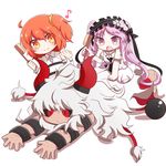  2girls asterios_(fate/grand_order) black_sclera cuffs eighth_note euryale fate/grand_order fate/hollow_ataraxia fate_(series) fujimaru_ritsuka_(female) hair_brush horns long_hair lying mane motiumai multiple_girls musical_note on_stomach open_mouth orange_eyes purple_eyes purple_hair red_eyes red_hair scar shackles side_ponytail smile twintails very_long_hair white_hair 