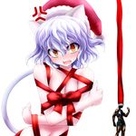  1girl abs anger_vein angry animal_ears bare_shoulders blue_hair blush breasts cat_ears cat_tail christmas covering covering_breasts d: fangs full-face_blush gift_wrapping gon-san gon_freecss hat hunter_x_hunter looking_at_viewer muscle naked_ribbon navel neferpitou open_mouth orange_eyes pale_skin ribbon santa_hat short_hair small_breasts tail v-shaped_eyebrows watarui wavy_hair wrapped_up 