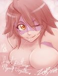  1girl breasts character_name english grin highres large_breasts marshu monster_girl monster_musume_no_iru_nichijou nude one_eye_closed red_hair sharp_teeth smile solo stitches teeth yellow_eyes zombie zombina 