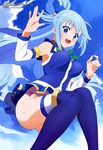  2016 absurdres aqua_(konosuba) ass bare_shoulders blue_eyes blue_footwear blue_hair blue_legwear boots bouncing_breasts breasts cloud covered_nipples dated day detached_sleeves highres hino_takafumi impossible_clothes impossible_shirt jumping kono_subarashii_sekai_ni_shukufuku_wo! long_hair looking_at_viewer medium_breasts megami no_panties official_art open_mouth shirt skirt sky smile solo thigh_boots thighhighs very_long_hair 