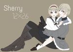  blonde_hair blue_eyes blush breasts dual_persona gloves gun hairband handgun multiple_girls pistol resident_evil resident_evil_2 resident_evil_6 school_uniform sherry_birkin short_hair sig_sauer sig_sauer_p226 weapon 