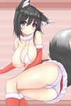  animal_ear_fluff animal_ears ass bikini black_hair blue_eyes blush breasts elbow_gloves eyebrows_visible_through_hair fox_ears fox_tail gloves highres kneehighs large_breasts looking_at_viewer nipples original red_gloves red_legwear short_hair smile sogaya solo swimsuit tail unaligned_ears white_bikini 