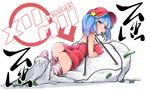 alternate_costume ass blue_eyes blue_hair cameltoe dress flanvia from_behind hair_bobbles hair_ornament hat highres kawashiro_nitori looking_at_viewer lying on_stomach red_dress short_dress short_hair skindentation solo striped striped_legwear thong touhou twintails two_side_up 