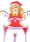  :d bad_id bad_pixiv_id blonde_hair blush bow bowtie capelet christmas crotch_seam dress dress_lift flandre_scarlet hat hifumiyo hips looking_at_viewer open_mouth orange_eyes pantyhose santa_costume santa_hat side_ponytail simple_background smile smug solo thigh_gap touhou white_background white_legwear wings 