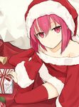  ariaria_(netsuki) bare_shoulders blush bow commentary_request fur_trim gift hat looking_at_viewer miruto_netsuki original pink_eyes pink_hair red_legwear ribbon santa_costume santa_hat short_hair solo thighhighs zettai_ryouiki 