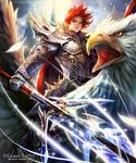  armor fantasy gauntlets griffin kei1115 lens_flare male_focus open_mouth polearm red_hair riding shingoku_no_valhalla_gate shoulder_armor solo spire watermark weapon 