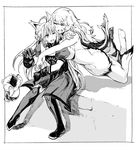  ^_^ ahoge animal_ears artemis_(fate/grand_order) atalanta_(fate) barefoot closed_eyes fate/apocrypha fate/grand_order fate_(series) greyscale hug hug_from_behind lion_ears monochrome multiple_girls orion_(fate/grand_order) smile syatey 