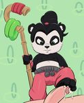  2015 angry bear black_hair clothed clothing cum digital_media_(artwork) dripping duo eyebrows female foot_fetish footjob fur glans green_eyes hair half-dressed lonbluewolf looking_down male mammal multicolored_fur nipples panda pants penis simple_background staff white_sclera 