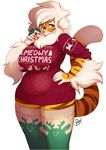  anthro big_breasts breasts buxbi buxbi_(character) candy candy_cane clothing feline female food fur hair legwear looking_at_viewer mammal slightly_chubby solo stockings stripes sweater thick_thighs tiger voluptuous white_hair wide_hips yellow_eyes 