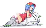  alternate_costume ass blue_eyes blue_hair breasts cucumber dress flanvia from_behind hair_bobbles hair_ornament hat highres kawashiro_nitori large_breasts looking_at_viewer lying on_stomach red_dress sack short_dress short_hair skindentation solo striped striped_legwear thong touhou twintails two_side_up 