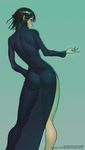  2015 ass black_dress dress from_behind fubuki_(one-punch_man) green_eyes green_hair hand_on_hip highres impossible_clothes impossible_dress jun_sung_kwak looking_back no_bra no_panties one-punch_man see-through short_hair side_slit skin_tight solo watermark web_address 