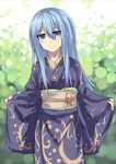  blue_eyes blue_hair blush duel_monster gishki_ariel japanese_clothes kimono long_hair looking_at_viewer normaland sash solo yuu-gi-ou 