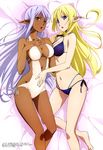  :o absurdres bare_legs bare_shoulders barefoot bed_sheet bikini blonde_hair blue_bikini blue_eyes blue_lipstick breast_suppress breasts casual_one-piece_swimsuit cleavage collarbone dark_elf dark_skin elf gate_-_jieitai_ka_no_chi_nite_kaku_tatakaeri groin hair_tubes halterneck hands_on_own_chest highres large_breasts lavender_hair layered_bikini lips lipstick long_hair lying makeup megami multiple_girls navel o-ring o-ring_bikini official_art on_back one-piece_swimsuit open_mouth pointy_ears scan shiny shiny_hair side-tie_bikini skindentation swimsuit terada_yuuichi tuka_luna_marceau white_swimsuit yao_haa_dushi yellow_eyes 