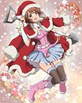  belt belt_boots blush boots brown_eyes brown_hair christmas detached_sleeves frilled_skirt frills hagiwara_yukiho hat highres hina_(araburu-hinadori) idolmaster idolmaster_(classic) jewelry knee_boots looking_at_viewer open_mouth pink_diamond_765 pink_footwear santa_costume santa_hat short_hair shovel skirt smile solo thighhighs 