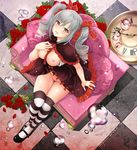  arm_at_side bangs black_footwear blush bottomless bouquet bow breast_suppress breasts breasts_outside broken capelet checkered checkered_floor cleavage clock commentary_request couch dress drill_hair floral_print flower frills from_above full_body grey_hair hair_bow hair_ribbon idolmaster idolmaster_cinderella_girls kanzaki_ranko kazu leaf long_hair looking_at_viewer mary_janes medium_breasts nipples no_bra open_clothes open_mouth petals red_bow red_flower red_ribbon red_rose ribbon roman_numerals rose rose_petals rose_print shoes sitting solo stenciled_rose striped striped_legwear thighhighs twin_drills twintails water yellow_eyes yellow_ribbon 