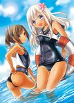  blue_eyes brown_eyes brown_hair i-401_(kantai_collection) innertube kantai_collection long_hair multiple_girls one-piece_swimsuit open_mouth pei ponytail ro-500_(kantai_collection) school_swimsuit shiny shiny_clothes silver_hair smile swimsuit tan tanline wet wet_clothes 