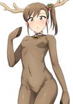 :o animal_costume antlers bell bell_collar blush breasts brown_eyes brown_hair christmas collar covered_navel futami_mami hair_ornament highres hoof idolmaster idolmaster_(classic) looking_at_viewer open_mouth reindeer_antlers reindeer_costume side_ponytail small_breasts solo tsurui 