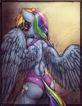  2015 anthro anthrofied bantha blue_fur blush butt clothing cutie_mark equine feathered_wings feathers female friendship_is_magic fur hair hi_res looking_at_viewer mammal multicolored_hair my_little_pony pegasus rainbow_dash_(mlp) rainbow_hair smile solo swimsuit wings 