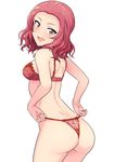  adjusting_clothes adjusting_panties ass back blush bra cowboy_shot from_behind girls_und_panzer highres lace lace_bra lace_panties looking_at_viewer looking_back open_mouth panties red_bra red_eyes red_hair red_panties rosehip short_hair smile solo standing string_panties thong tsurui underwear white_background 