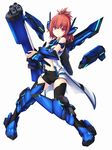  armor blue_armor coat cosmic_break cosmic_break_2 detached_wings gun headgear midriff official_art red_eyes red_hair rikka_(cosmic_break_2) shorts shotgun solo wakaba weapon wings 