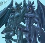  anthro anthrofied balls big_penis blue_background dark-moltres dragon how_to_train_your_dragon humanoid_penis long_penis looking_at_viewer male muscular night_fury penis simple_background smile standing text uncut wings 
