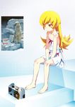  barefoot bear blonde_hair blush_stickers derivative_work dress long_hair monogatari_(series) oshino_shinobu pastry_box photo-referenced pointy_ears polar_bear sitting solo tanabe_kyou white_dress yellow_eyes 