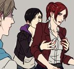  age_difference belt black_hair blue_eyes blush breast_grab breasts brown_hair claire_redfield crossover denim elina_kuroe_no_daarin grabbing long_hair medium_breasts moira_burton multiple_girls ponytail resident_evil resident_evil_6 resident_evil_revelations sherry_birkin short_hair upper_body yuri 