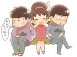  2boys bad_id bad_pixiv_id black_hair blood brothers brown_hair hairband hood hoodie low_twintails matsuno_ichimatsu matsuno_karamatsu mochi730 multiple_boys nosebleed osomatsu-kun osomatsu-san short_twintails siblings skirt smile translated turtleneck twintails yowai_totoko 