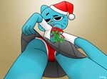  2015 absurd_res anthro blue_fur butt cat christmas clothed clothing digital_media_(artwork) eating eating_(artist) feline female fur hat hi_res holidays imitation looking_at_viewer looking_back mammal mature_female mistletoe mother nicole_watterson panties parent plant red_underwear ribbons simple_background skirt smile solo standing the_amazing_world_of_gumball underwear uniform upskirt 