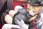  1girl admiral_(kantai_collection) bad_id bad_pixiv_id black_legwear blonde_hair breast_grab breasts commentary_request grabbing green_eyes hat hetero kantai_collection large_breasts military military_hat military_uniform over-kneehighs prinz_eugen_(kantai_collection) shimokirin sitting sitting_on_lap sitting_on_person thighhighs uniform 