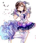  absurdres blue_eyes brown_hair dress gloves hairband highres hoshika_ranoe idolmaster idolmaster_cinderella_girls idolmaster_cinderella_girls_starlight_stage long_hair one_eye_closed pocket_watch ribbon sakuma_mayu short_hair smile solo starry_sky_bright thighhighs watch 