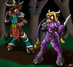  2015 anthro armor blonde_hair bovine braided_hair brown_hair catmonkshiro clothing crossbow duo female forest fur gem gender_transformation hair hooves horn jewelry male mammal melee_weapon necklace outside pheagle philadelphia_eagles ranged_weapon shield sword tauren transformation tree uniform video_games warcraft weapon world_of_warcraft 