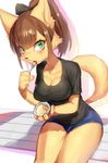  artist_request blush breasts brown_hair canine cat cleavage clothed clothing dog eating female furry green_eyes hair ksyaro long_hair looking_at_viewer mammal open_mouth ponytail shirt shorts sitting solo spoon 