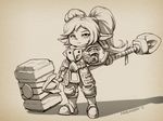  armor commentary hammer league_of_legends long_hair monochrome nestkeeper pointy_ears poppy solo twintails weapon yordle 