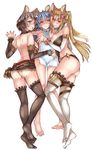  animal_ears areolae arm_warmers ass backless_outfit bare_shoulders black_legwear blue_eyes blush breasts breasts_outside brown_eyes cover covering detached_sleeves erune feet ferry_(granblue_fantasy) girl_sandwich granblue_fantasy green_eyes hair_between_eyes highres katase_minami large_breasts light_brown_hair long_hair looking_at_viewer lying metera_(granblue_fantasy) midriff miniskirt multiple_girls nipples nude_cover on_back on_side on_stomach red_eyes sandwiched short_hair silver_hair simple_background skirt smile sutera_(granblue_fantasy) thighhighs thighs towel twintails wavy_hair wavy_mouth white_background white_legwear 