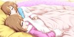  bed blanket blue_eyes blush brown_hair closed_eyes long_hair mizunashi_(second_run) multiple_girls neptune_(series) pajamas ram_(choujigen_game_neptune) rom_(choujigen_game_neptune) short_hair siblings sisters sleeping twins 