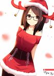  black_legwear brown_eyes brown_hair collarbone cowboy_shot glasses hat long_hair looking_at_viewer original pantyhose rizky_(strated) santa_costume santa_hat smile solo 