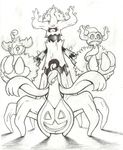  1_eye ambiguous_gender black_and_white fangs flora_fauna ghost gourgeist group hair hair_over_eye hi_res mon311 monochrome nintendo open_mouth phantump plant pok&eacute;mon pumpkaboo shadow size_difference smile spirit tree trevenant video_games 