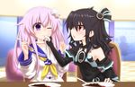  bare_shoulders black_hair blush choker d-pad d-pad_hair_ornament gloves hair_ornament long_hair mizunashi_(second_run) multiple_girls nepgear neptune_(series) one_eye_closed open_mouth purple_eyes purple_hair red_eyes smile uni_(choujigen_game_neptune) wiping_mouth 