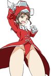  ass_visible_through_thighs baton bow bowtie brown_hair conductor cosplay gloves groin hat highleg highleg_leotard hisami_nanami jakuzure_nonon jakuzure_nonon_(cosplay) kill_la_kill leotard long_hair red_leotard shako_cap simple_background solo symphony_regalia tied_hair umanosuke wake_up_girls! white_background 