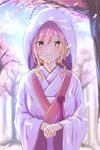  blonde_hair blue_sky blurry blush bride cherry_blossoms cloud day depth_of_field fan gradient_hair hands_together highres hijiri_byakuren hood japanese_clothes jewelry kimono long_hair looking_at_viewer multicolored_hair parted_lips purple_eyes ring sky smile solo touhou uchikake ucukrtz wedding_band 