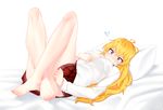  bangs barefoot blonde_hair blush breasts closed_mouth covering covering_crotch crossed_ankles flying_sweatdrops full_body highres large_breasts legs_up long_hair long_sleeves lying miniskirt narynn on_back on_bed open_clothes open_shirt pillow plaid plaid_skirt purple_eyes rwby shirt skirt skirt_tug solo white_shirt yang_xiao_long 