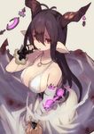  antenna_hair breasts cleavage danua draph gloves granblue_fantasy hair_between_eyes hajime_(hajime-ill-1st) horn_ornament horns jewelry large_breasts long_hair necklace pointy_ears purple_hair red_eyes saliva saliva_trail solo 