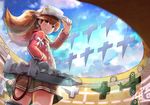  :3 absurdres blue_sky brown_eyes brown_hair cloud cloudy_sky commentary_request cowboy_shot day flat_chest hand_on_hip hat_tip highres japanese_clothes kantai_collection kariginu long_hair long_sleeves looking_at_viewer looking_back magatama miniskirt okitsugu onmyouji outdoors pleated_skirt ryuujou_(kantai_collection) scroll shikigami skirt sky smile solo standing twintails v-shaped_eyebrows visor_cap 