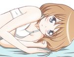  atair bangs bed_sheet blue_eyes blush bra breasts brown_hair closed_mouth frown indoors looking_at_viewer lying neptune_(series) on_side rom_(choujigen_game_neptune) short_hair simple_background small_breasts solo training_bra underwear underwear_only upper_body white_background white_bra 